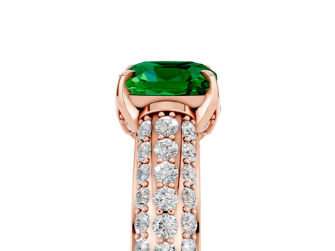 Rose gold Cushion Cut Emerald Solitaire Ring with Three-Row Pavé Band and Four-Prong Setting_17