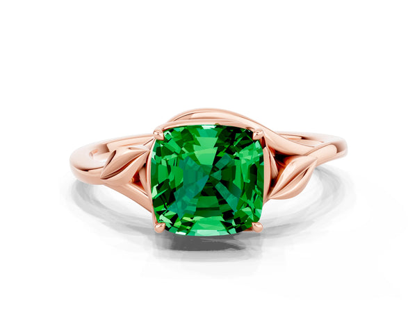 Rose gold Cushion Cut Emerald Solitaire Ring with Twist Band and Four-Prong Setting