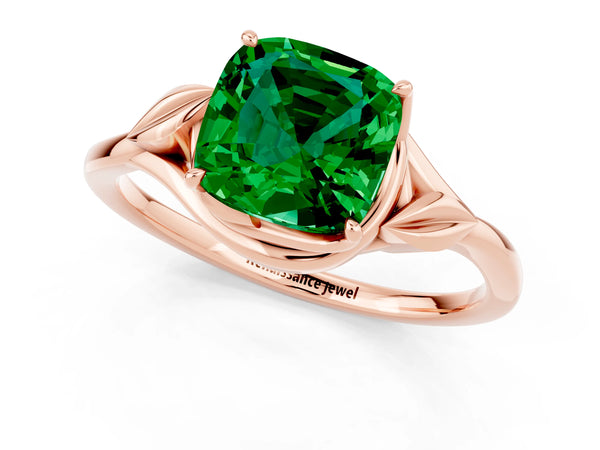 Rose gold Cushion Cut Emerald Solitaire Ring with Twist Band and Four-Prong Setting