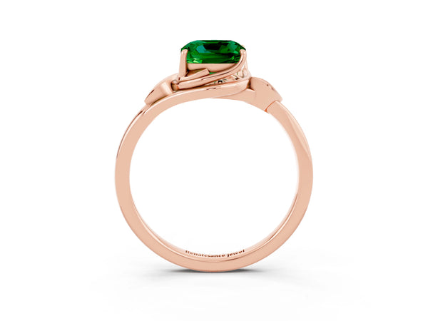Rose gold Cushion Cut Emerald Solitaire Ring with Twist Band and Four-Prong Setting