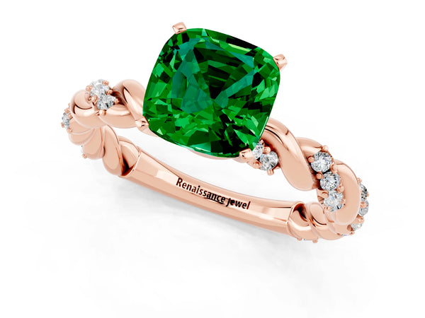 Rose gold Cushion Cut Emerald Solitaire Ring with Twisted Band and Pavé Accents