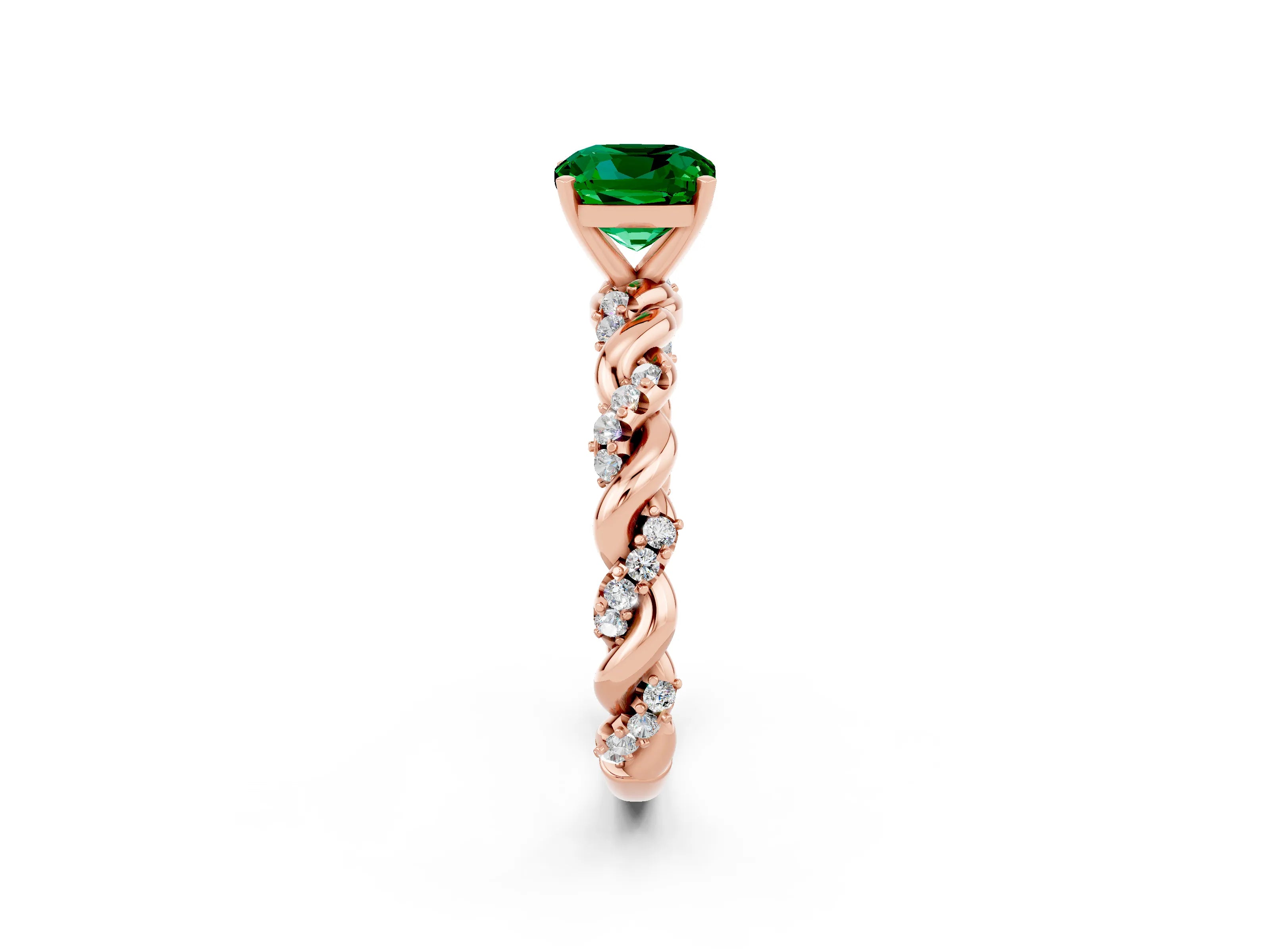 Rose gold Cushion Cut Emerald Solitaire Ring with Twisted Band and Pavé Accents_2