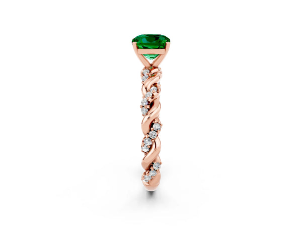 Rose gold Cushion Cut Emerald Solitaire Ring with Twisted Band and Pavé Accents