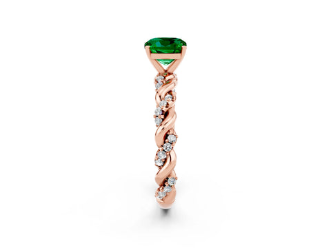 Rose gold Cushion Cut Emerald Solitaire Ring with Twisted Band and Pavé Accents_2