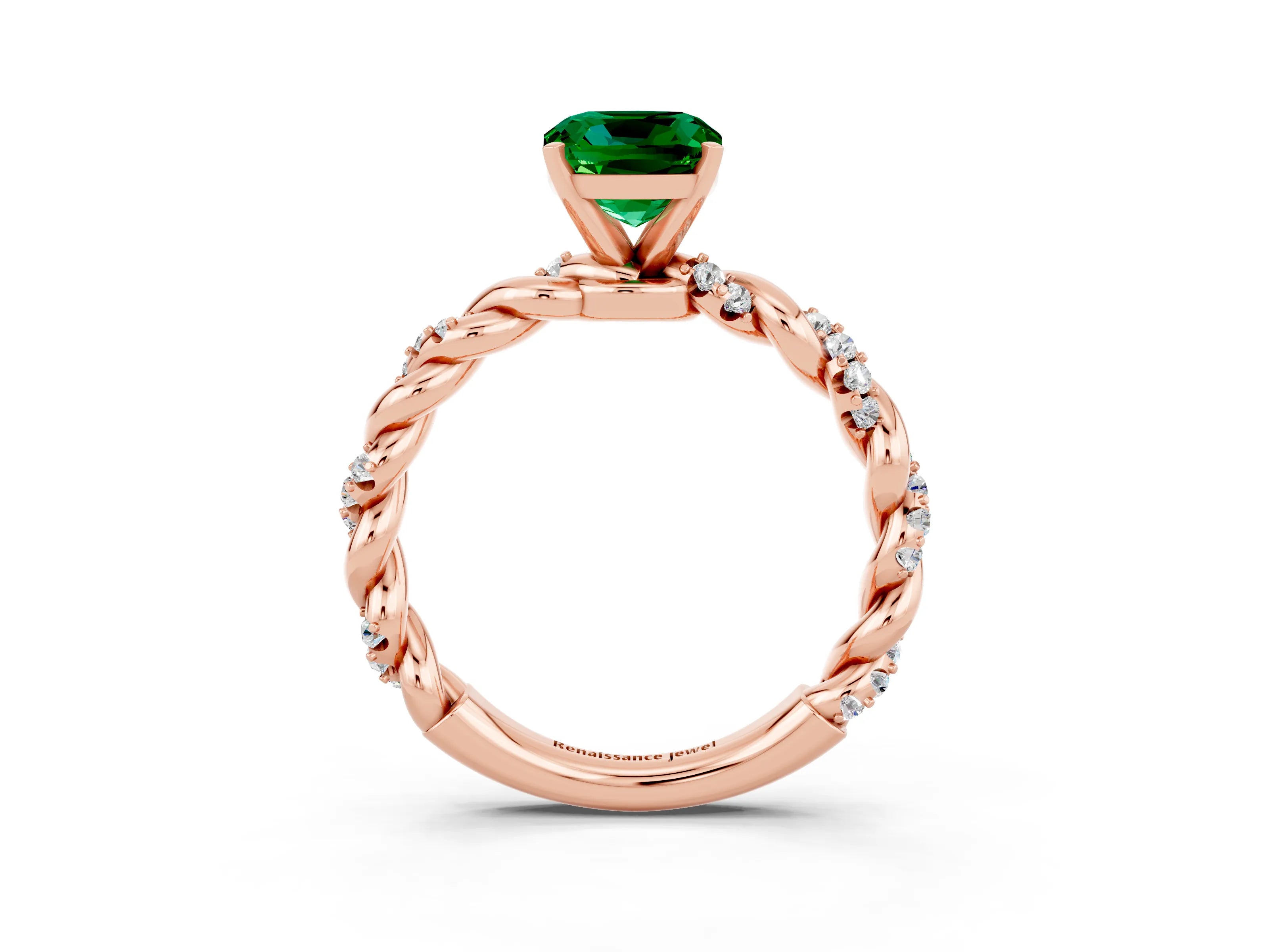 Rose gold Cushion Cut Emerald Solitaire Ring with Twisted Band and Pavé Accents_3