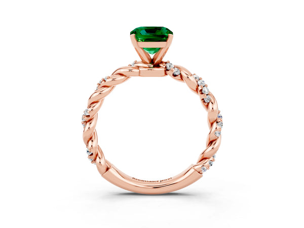 Rose gold Cushion Cut Emerald Solitaire Ring with Twisted Band and Pavé Accents