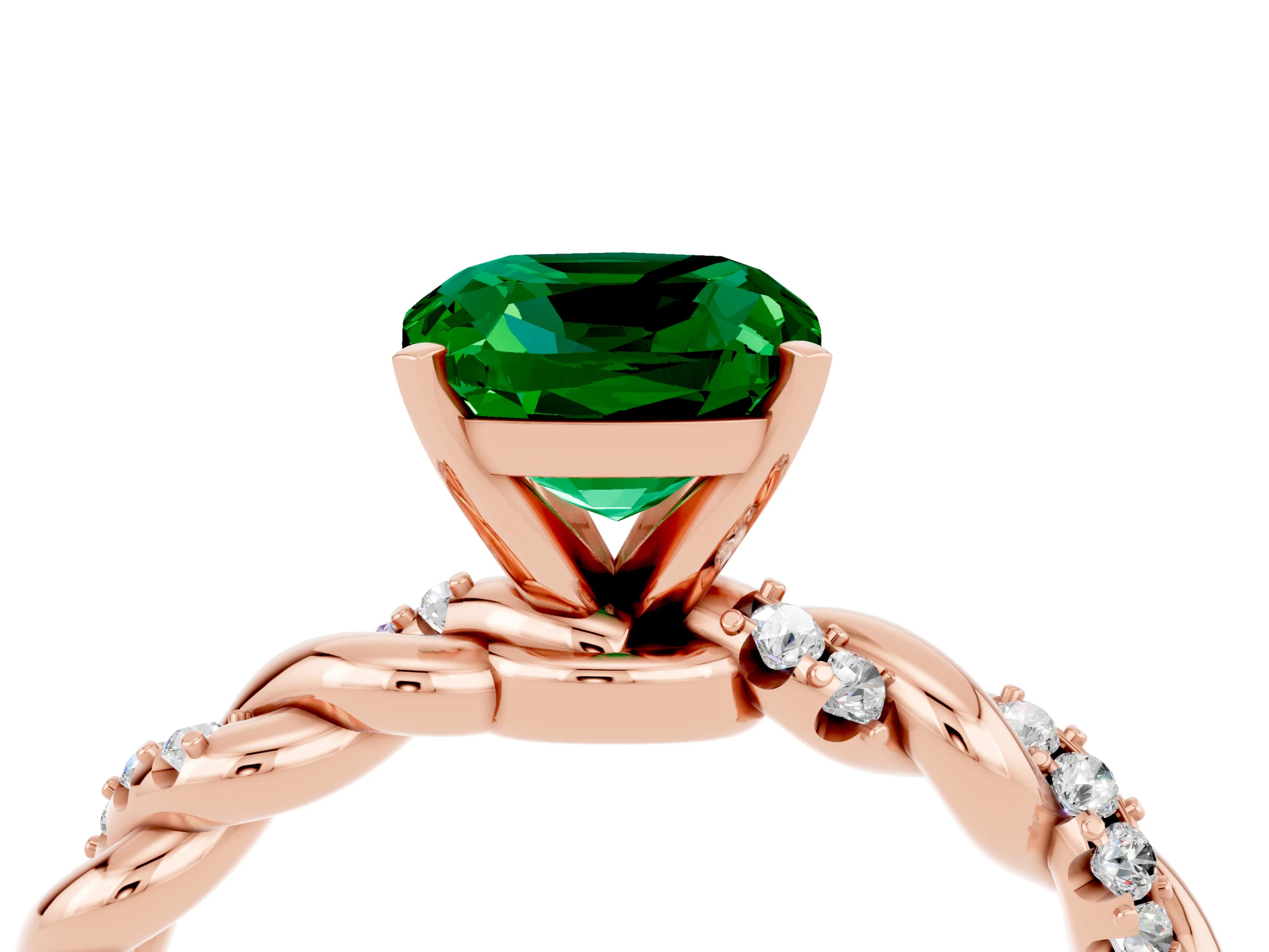 Rose gold Cushion Cut Emerald Solitaire Ring with Twisted Band and Pavé Accents_4