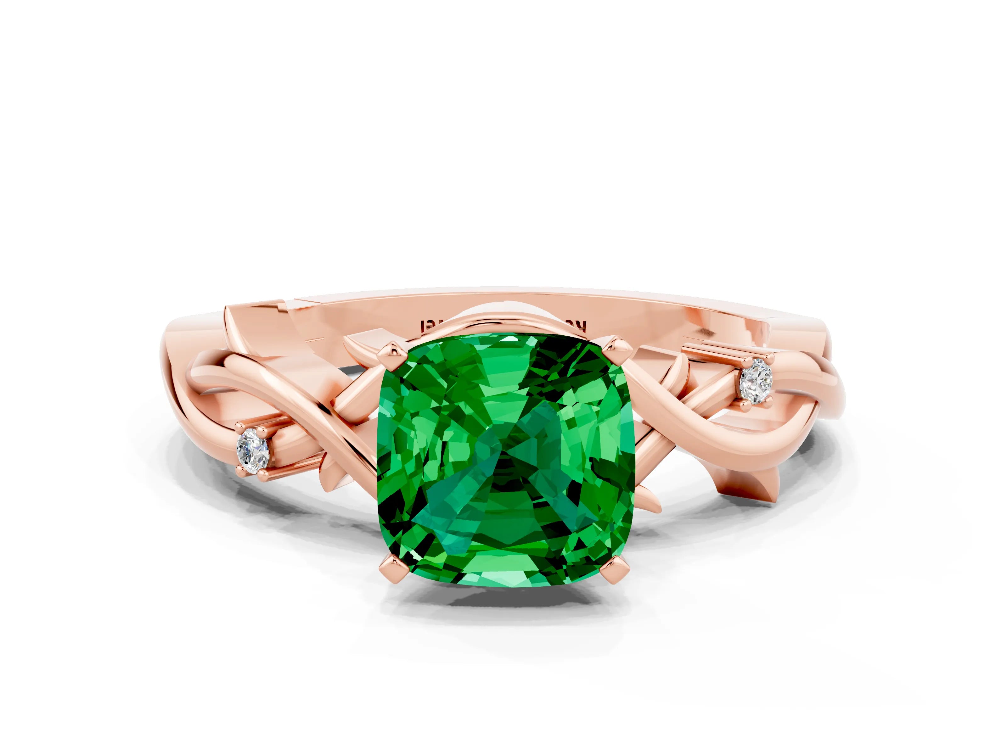 Rose gold Cushion Cut Emerald Solitaire Ring with Twisted Band and Prong Setting