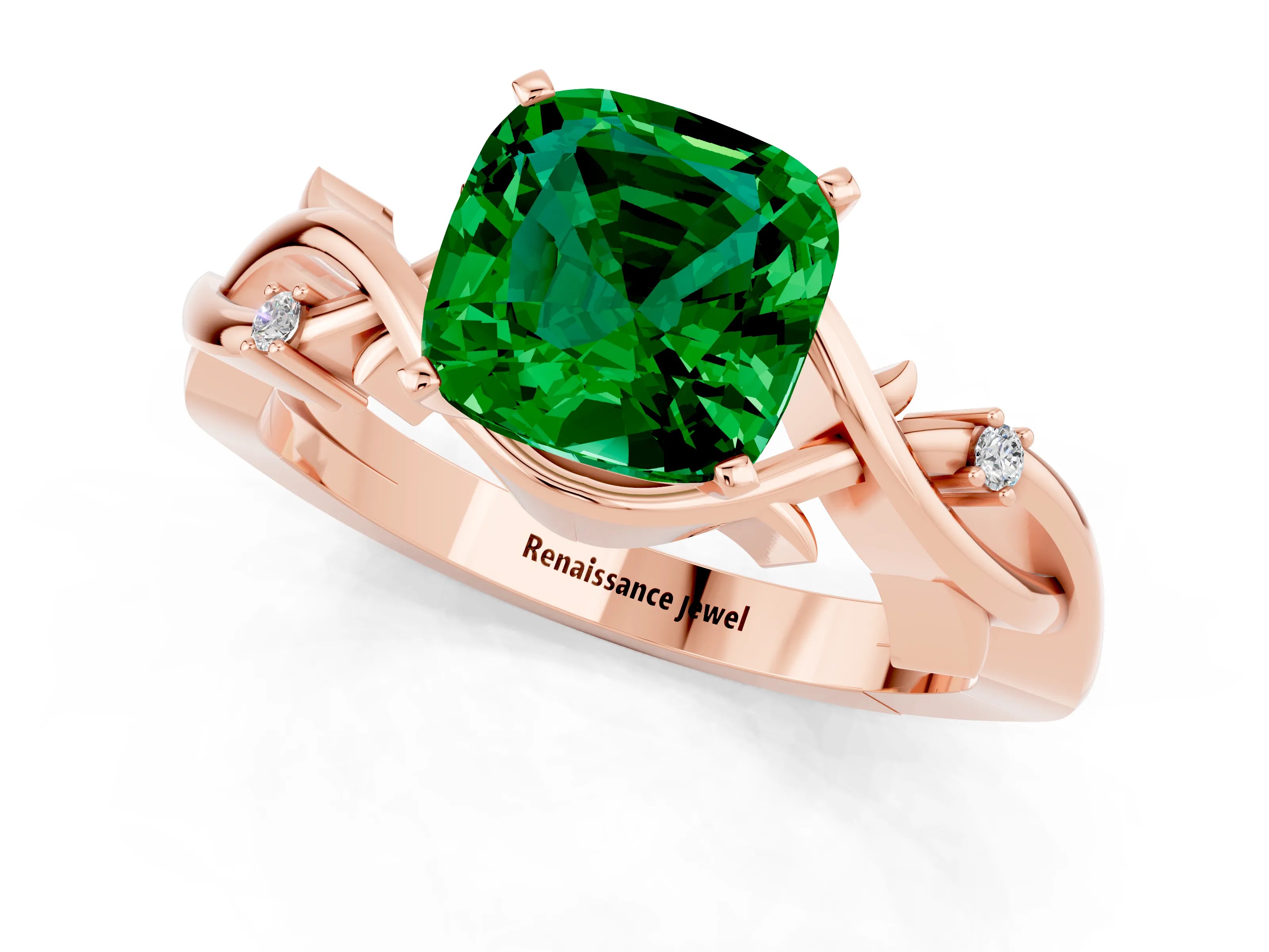 Rose gold Cushion Cut Emerald Solitaire Ring with Twisted Band and Prong Setting_1
