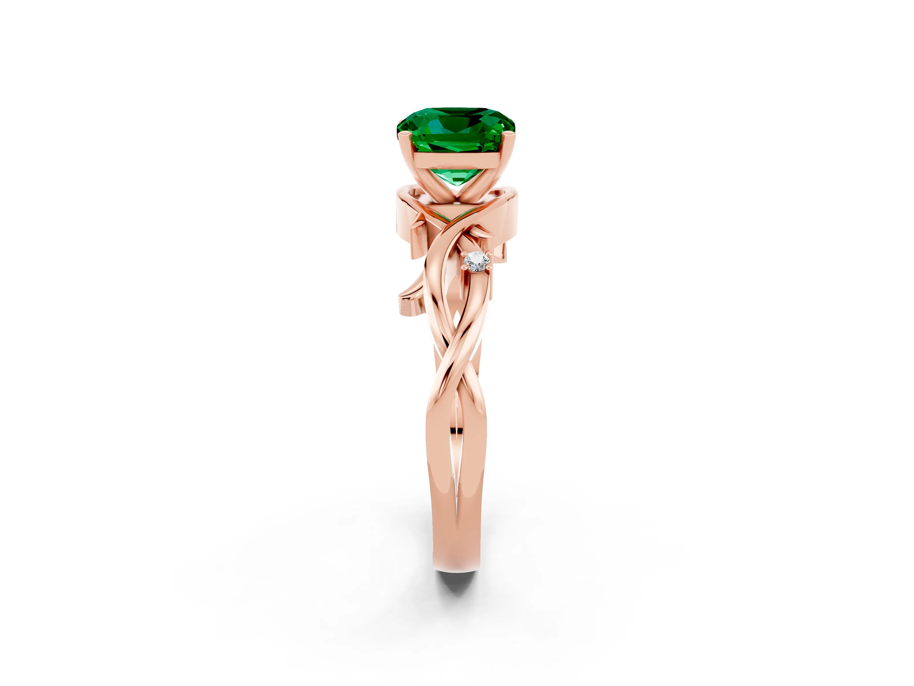 Rose gold Cushion Cut Emerald Solitaire Ring with Twisted Band and Prong Setting_2