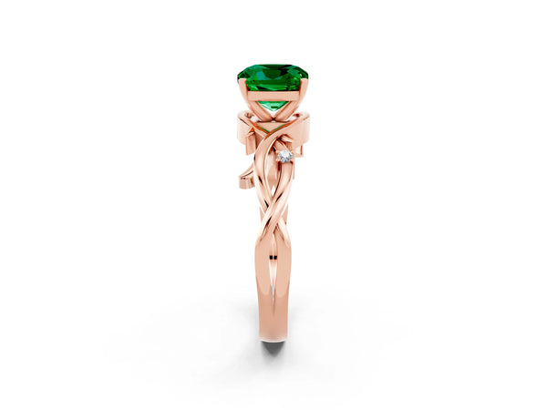 Rose gold Cushion Cut Emerald Solitaire Ring with Twisted Band and Prong Setting
