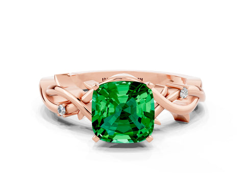 Rose gold Cushion Cut Emerald Solitaire Ring with Twisted Band and Prong Setting
