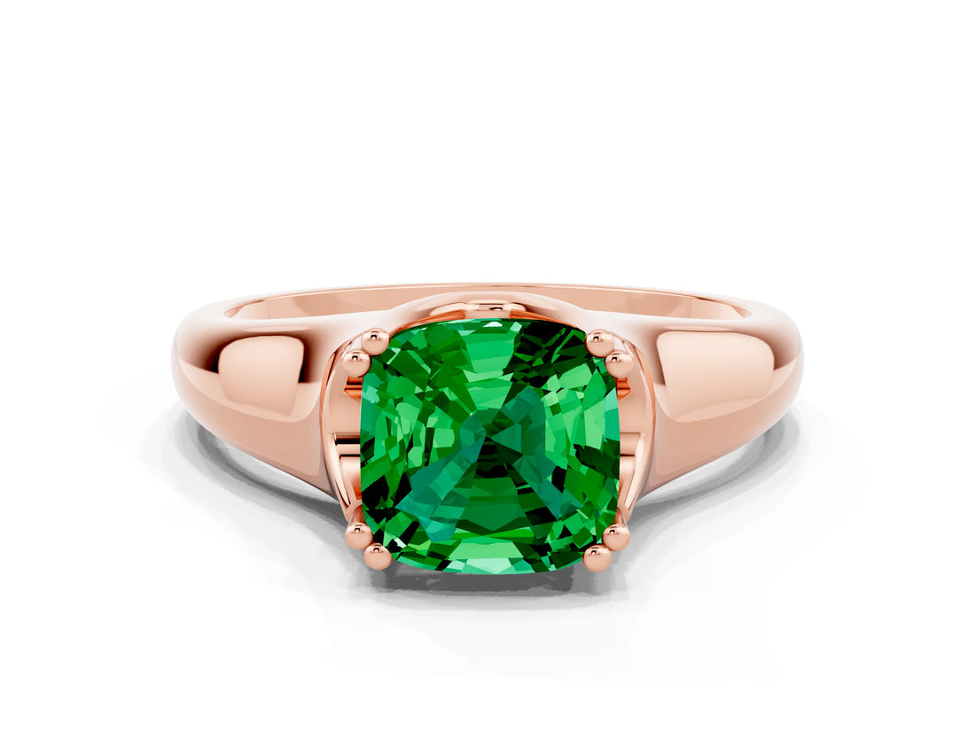 Rose gold Cushion Cut Emerald Solitaire Ring with Wide Band and Prong Setting