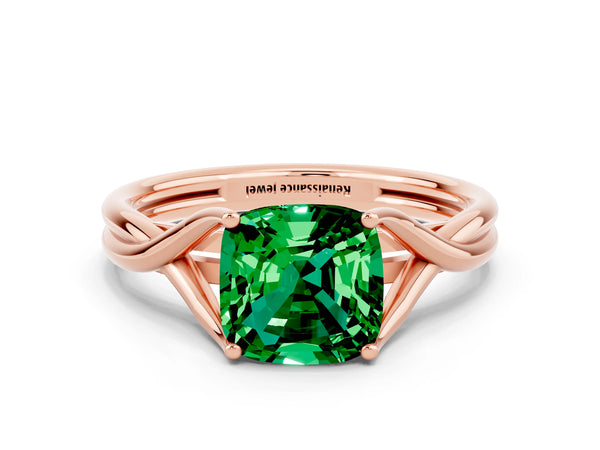 Rose gold Cushion Cut Emerald Solitaire Twist Band Prong Setting Ring