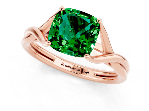 Rose gold Cushion Cut Emerald Solitaire Twist Band Prong Setting Ring