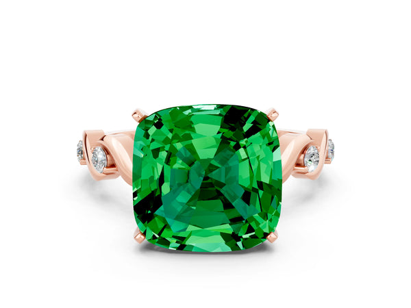 Rose gold Cushion Cut Emerald Solitaire Twisted Band with Round  Accents and Prong Setting
