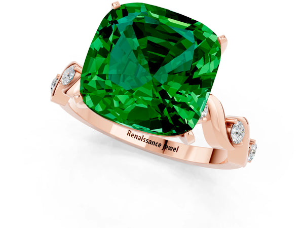 Rose gold Cushion Cut Emerald Solitaire Twisted Band with Round  Accents and Prong Setting