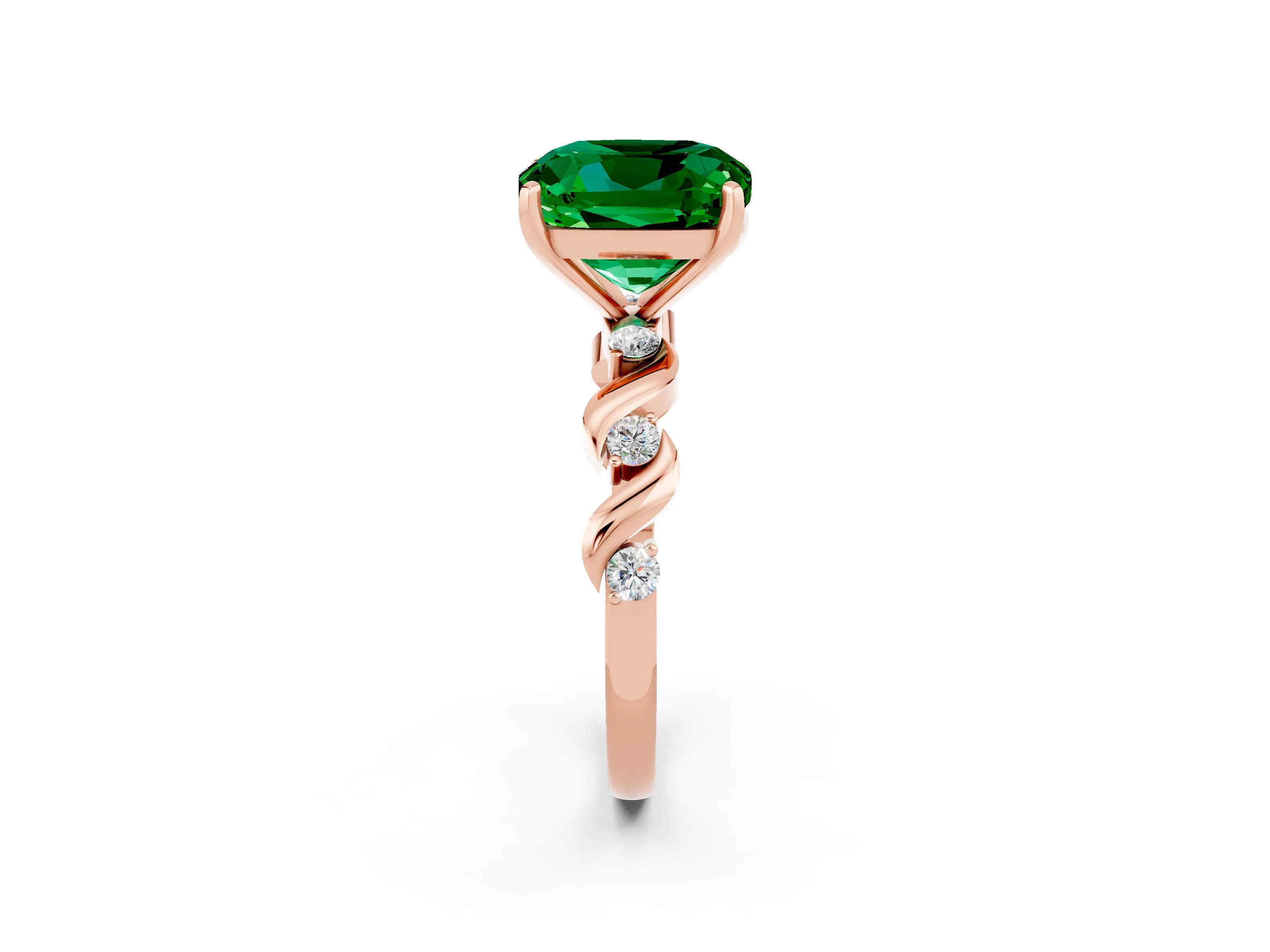 Rose gold Cushion Cut Emerald Solitaire Twisted Band with Round  Accents and Prong Setting_14