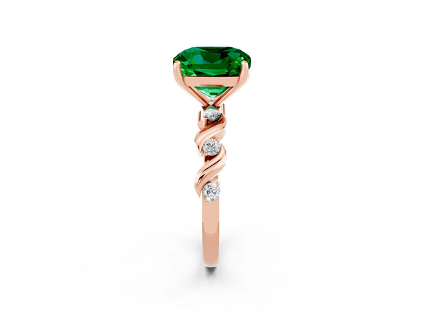 Rose gold Cushion Cut Emerald Solitaire Twisted Band with Round  Accents and Prong Setting