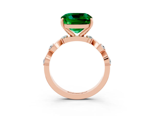 Rose gold Cushion Cut Emerald Solitaire Twisted Band with Round  Accents and Prong Setting