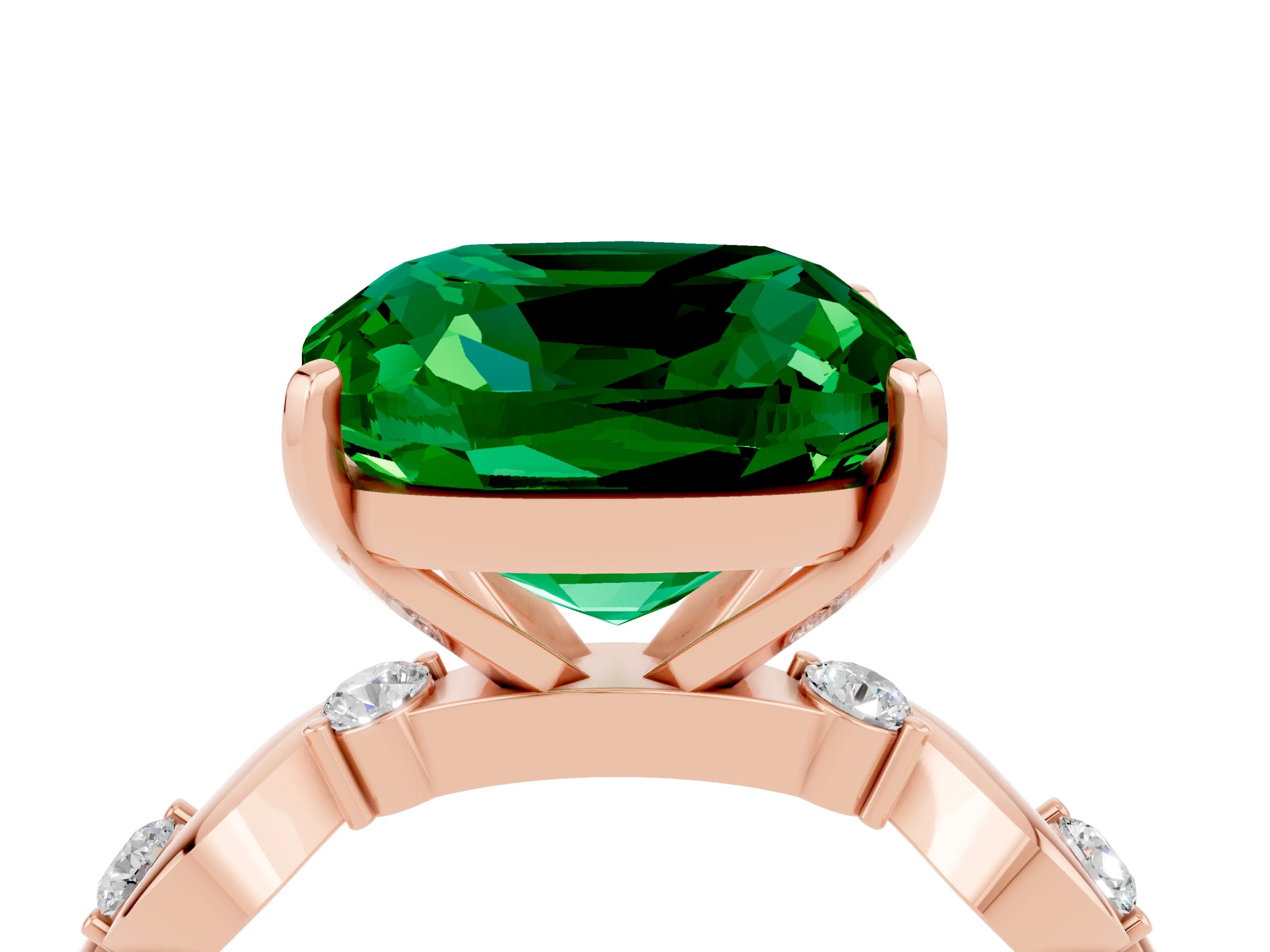 Rose gold Cushion Cut Emerald Solitaire Twisted Band with Round  Accents and Prong Setting_16
