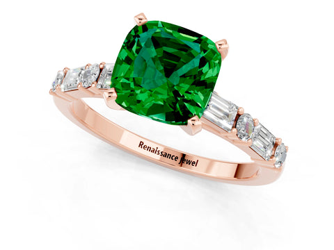 Rose gold Cushion Cut Emerald Solitaire with Side Baguettes and Channel Set Band_1