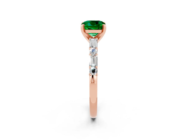 Rose gold Cushion Cut Emerald Solitaire with Side Baguettes and Channel Set Band