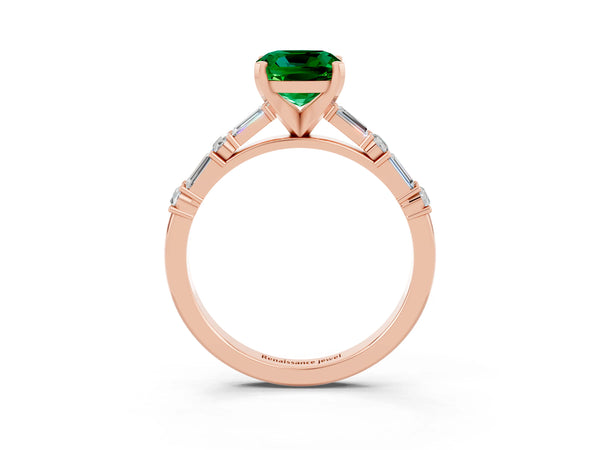 Rose gold Cushion Cut Emerald Solitaire with Side Baguettes and Channel Set Band