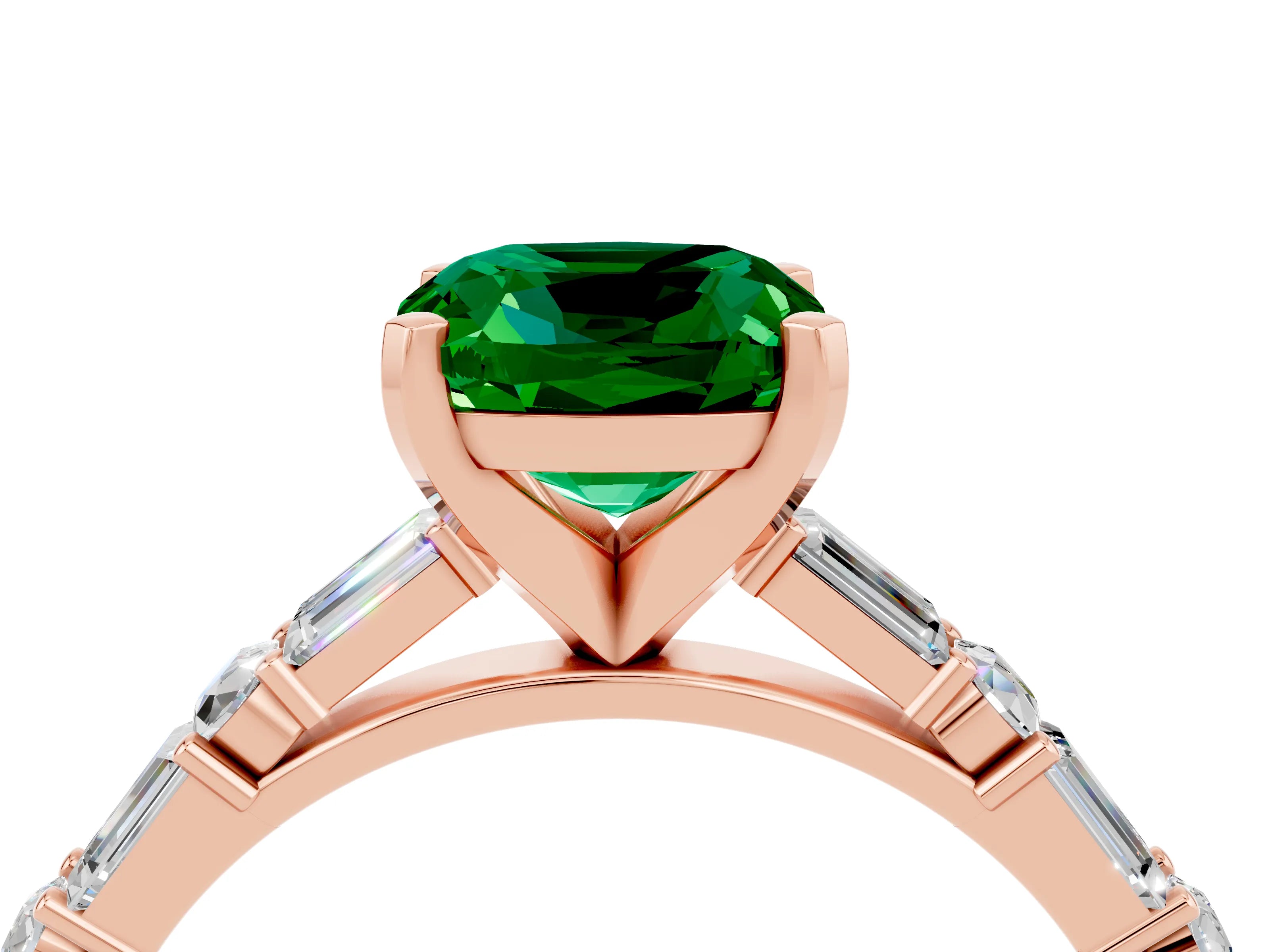 Rose gold Cushion Cut Emerald Solitaire with Side Baguettes and Channel Set Band_4