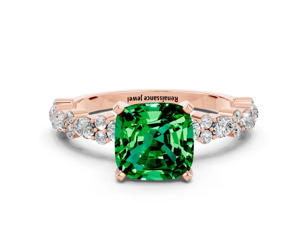 Rose gold Cushion Cut Emerald Side Stone Solitaire Ring with Round  and Four-Prong Setting