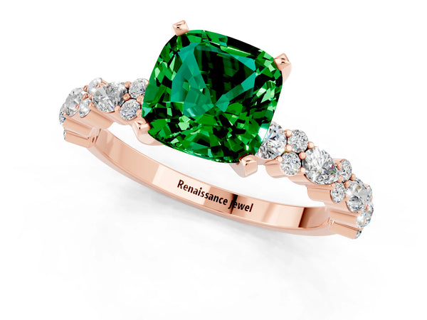 Rose gold Cushion Cut Emerald Side Stone Solitaire Ring with Round  and Four-Prong Setting