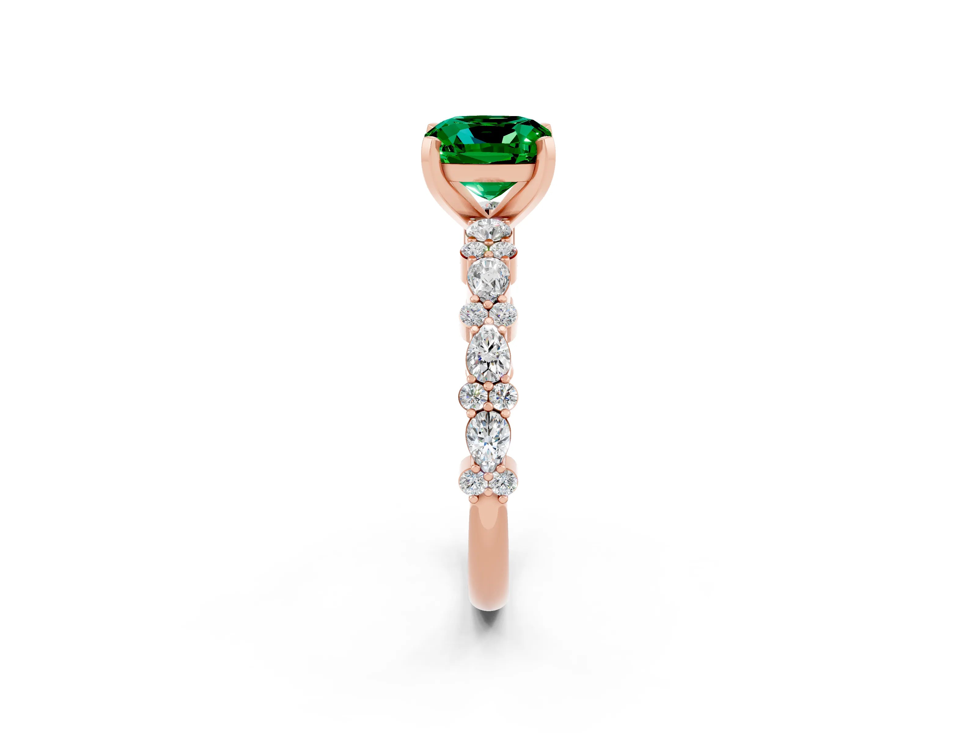 Rose gold Cushion Cut Emerald Solitaire with Side Stones, Pave Band, Four-Prong Setting_38