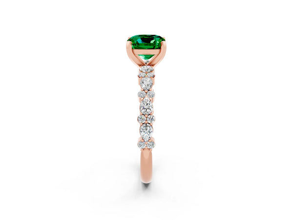 Rose gold Cushion Cut Emerald Side Stone Solitaire Ring with Round  and Four-Prong Setting