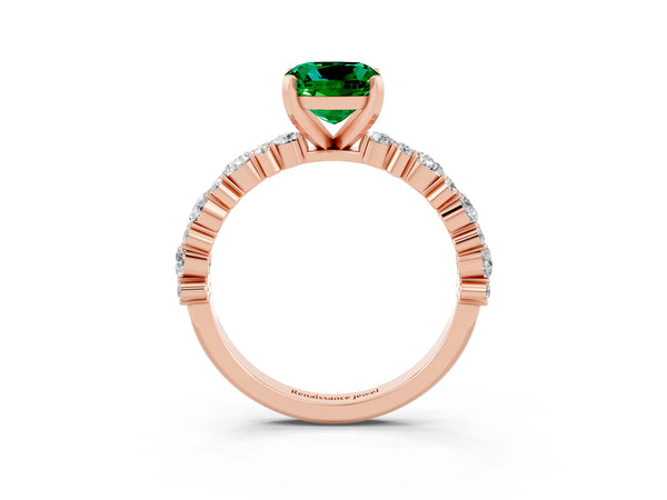 Rose gold Cushion Cut Emerald Side Stone Solitaire Ring with Round  and Four-Prong Setting