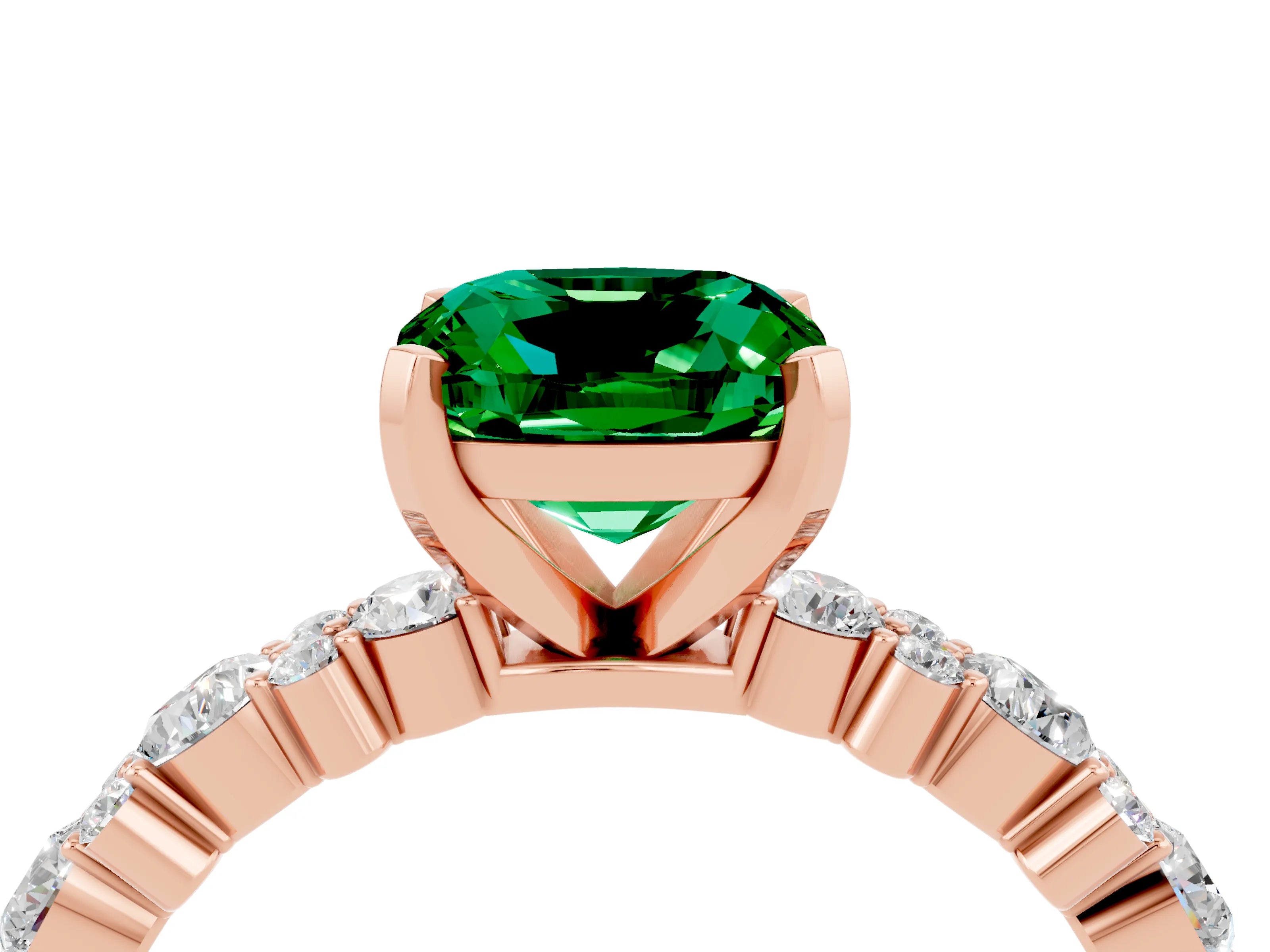 Rose gold Cushion Cut Emerald Solitaire with Side Stones, Pave Band, Four-Prong Setting_40