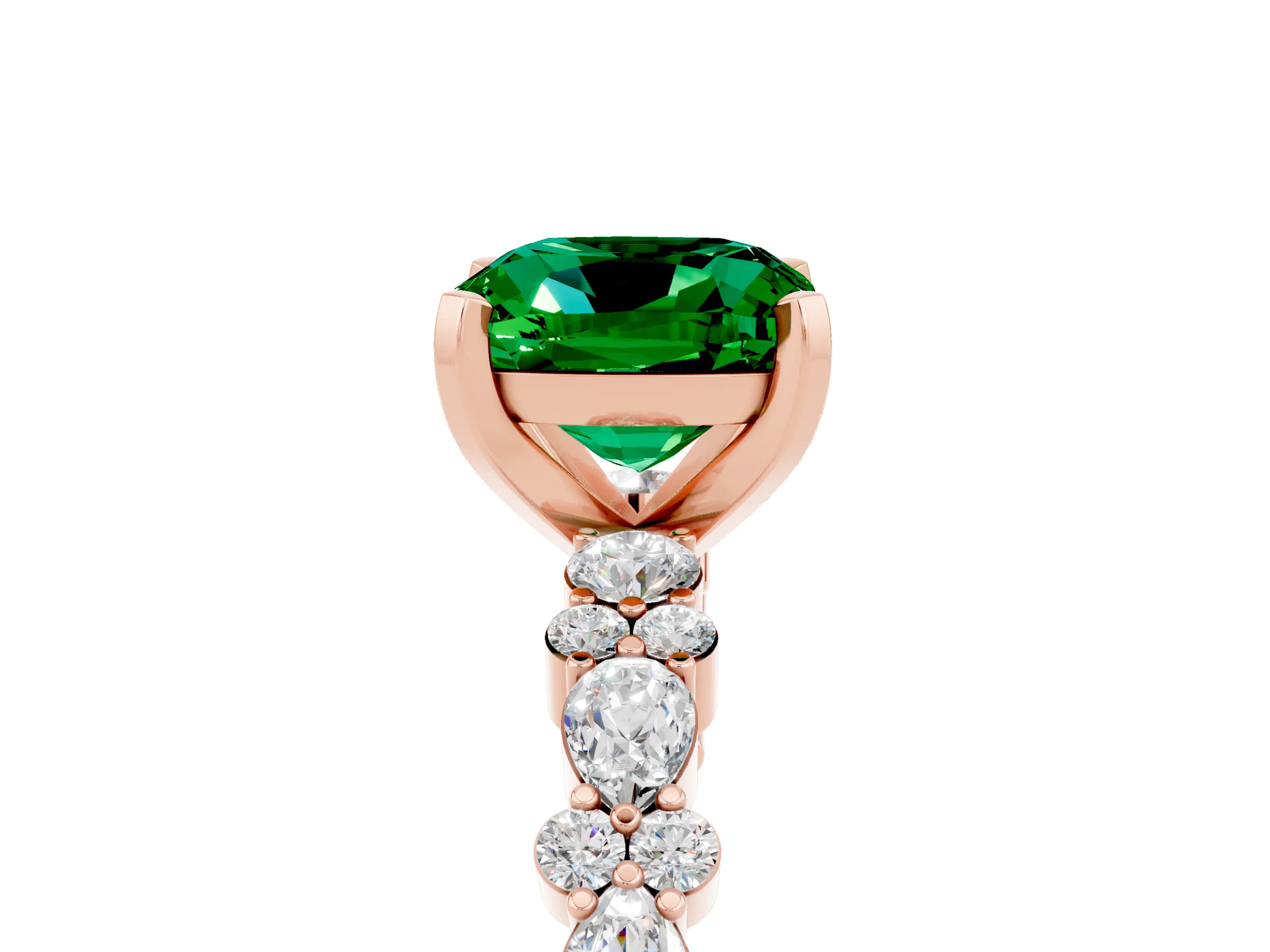 Rose gold Cushion Cut Emerald Solitaire with Side Stones, Pave Band, Four-Prong Setting_41