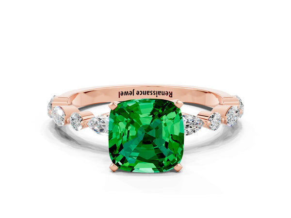 Rose gold Cushion Cut Emerald Ring with Marquise and Round  Side Stones and Four-Prong Setting