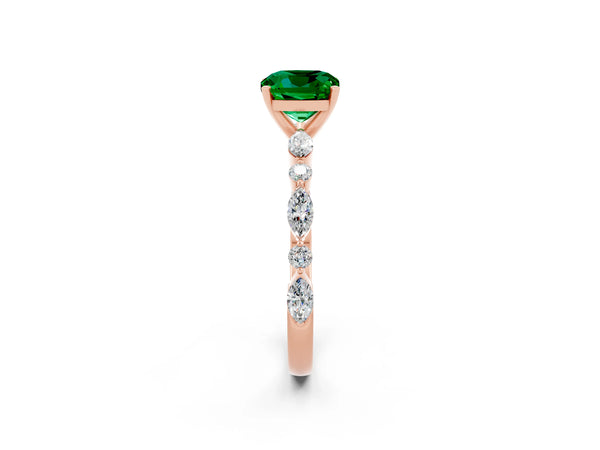 Rose gold Cushion Cut Emerald Ring with Marquise and Round  Side Stones and Four-Prong Setting