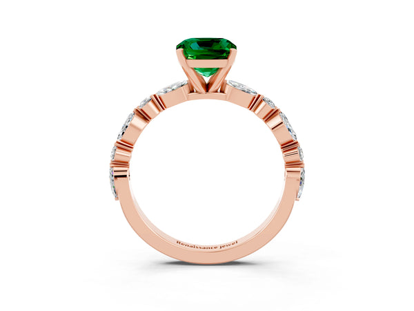 Rose gold Cushion Cut Emerald Ring with Marquise and Round  Side Stones and Four-Prong Setting