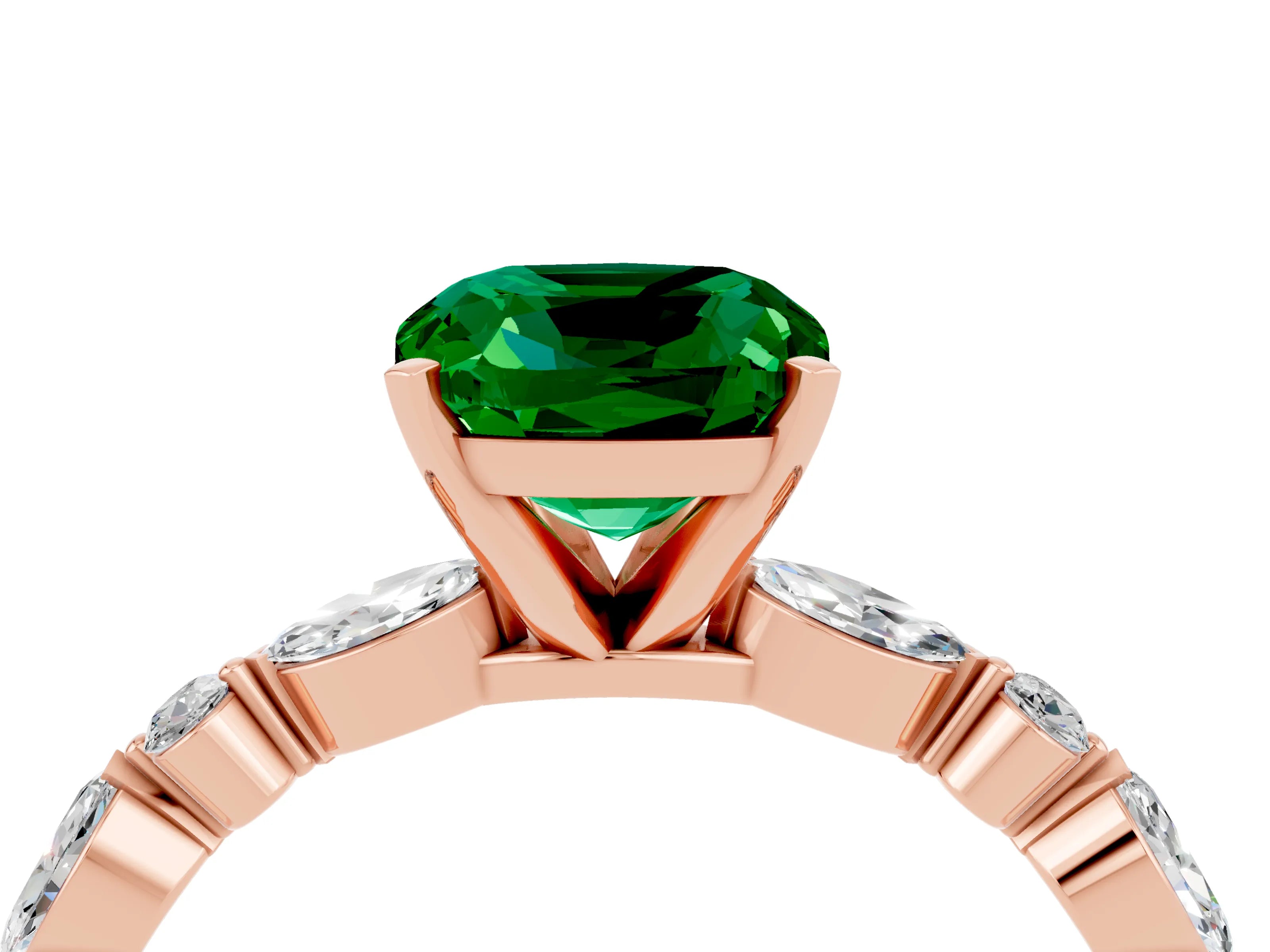 Rose gold Cushion Cut Emerald Solitaire with Side Stones on a Pavé Band and Four-Prong Setting_4