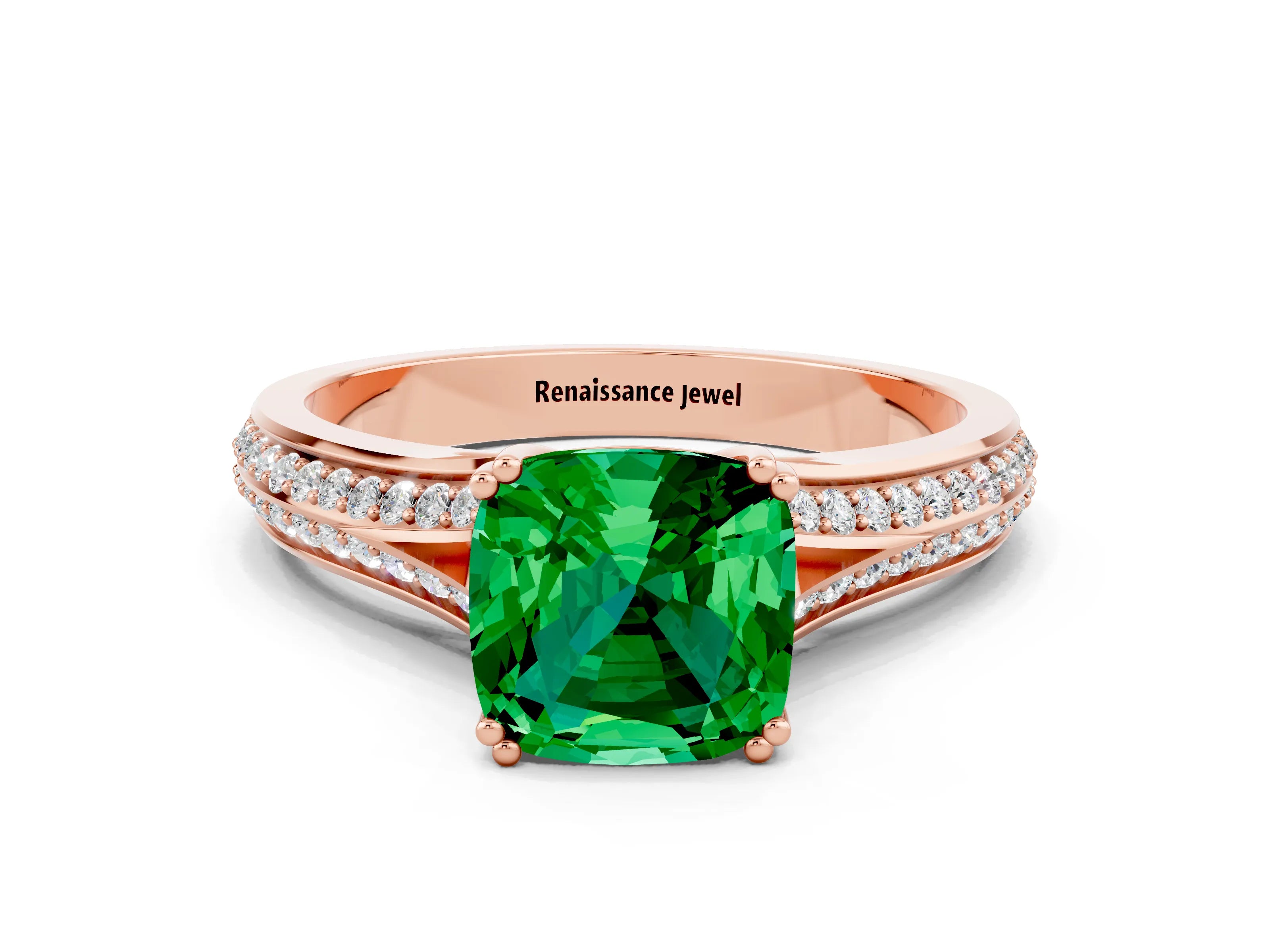 Rose gold Cushion Cut Emerald Split Shank Engagement Ring with Pavé Band