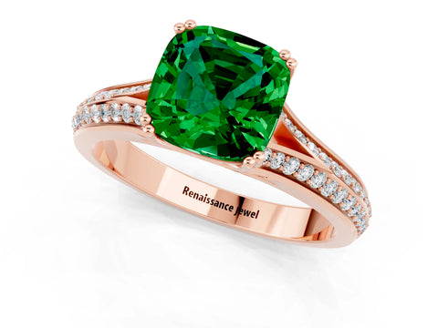 Rose gold Cushion Cut Emerald Split Shank Engagement Ring with Pavé Band_1