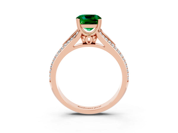Rose gold Cushion Cut Emerald Split Shank Engagement Ring with Pavé Band