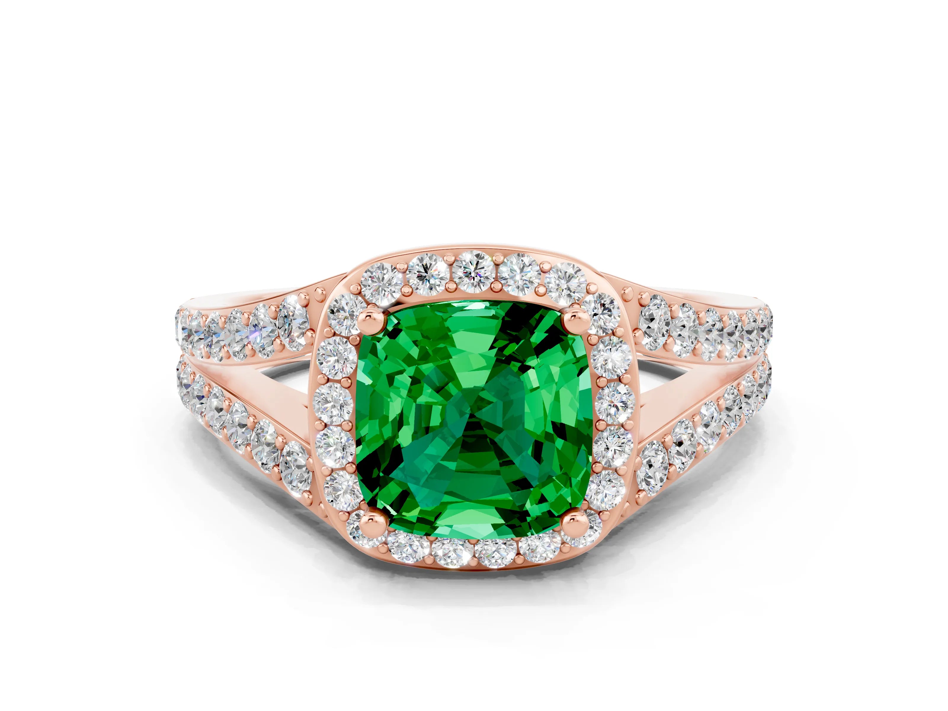 Rose gold Cushion Cut Emerald Split Shank Halo Ring with Four-Prong Setting_12
