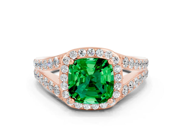 Rose gold Cushion Cut Emerald Split Shank Halo Ring with Four-Prong Setting