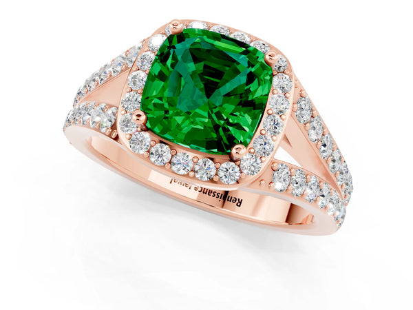 Rose gold Cushion Cut Emerald Split Shank Halo Ring with Four-Prong Setting