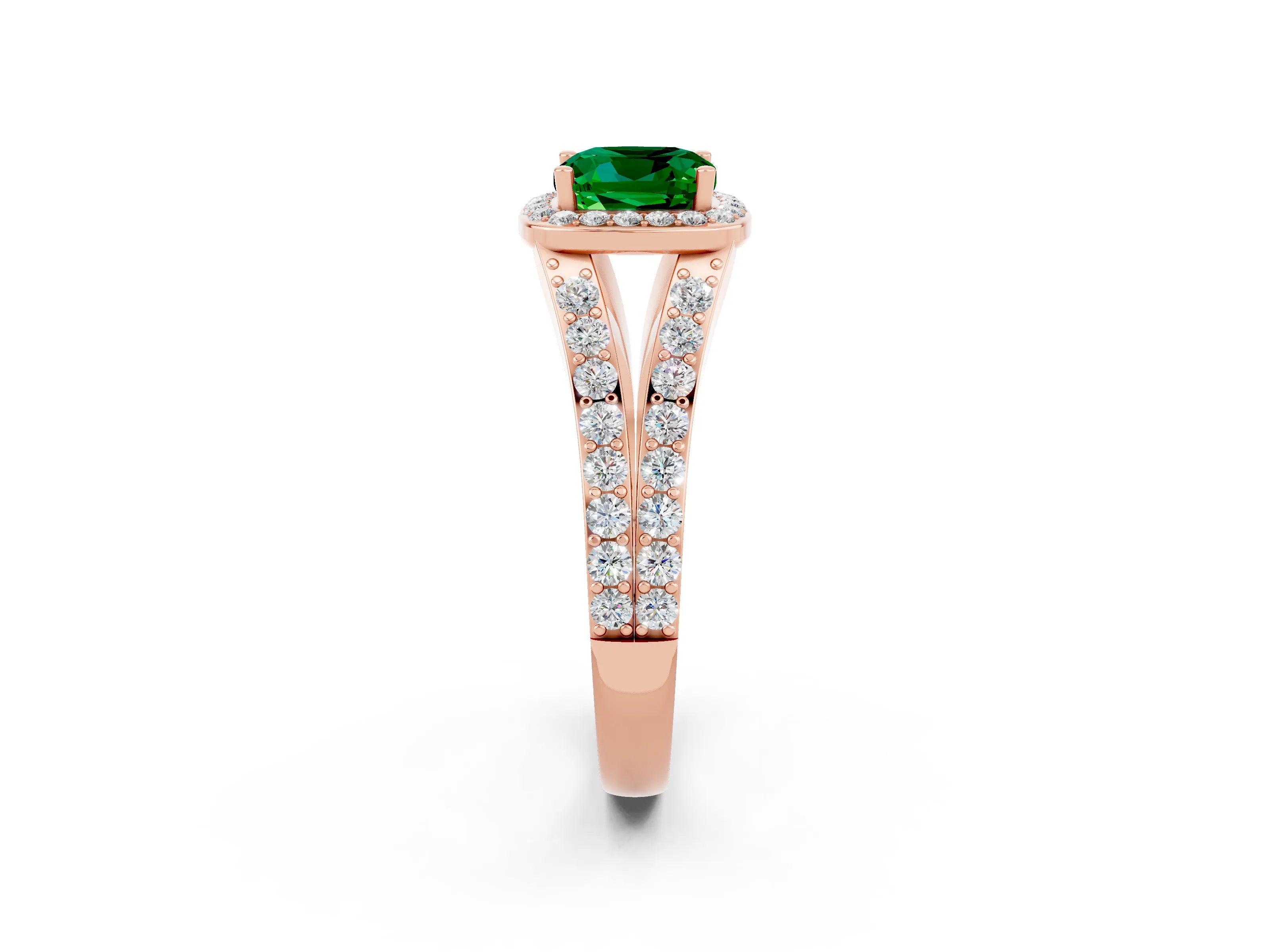 Rose gold Cushion Cut Emerald Split Shank Halo Ring with Four-Prong Setting_14