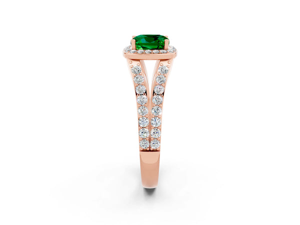 Rose gold Cushion Cut Emerald Split Shank Halo Ring with Four-Prong Setting