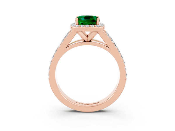Rose gold Cushion Cut Emerald Split Shank Halo Ring with Four-Prong Setting