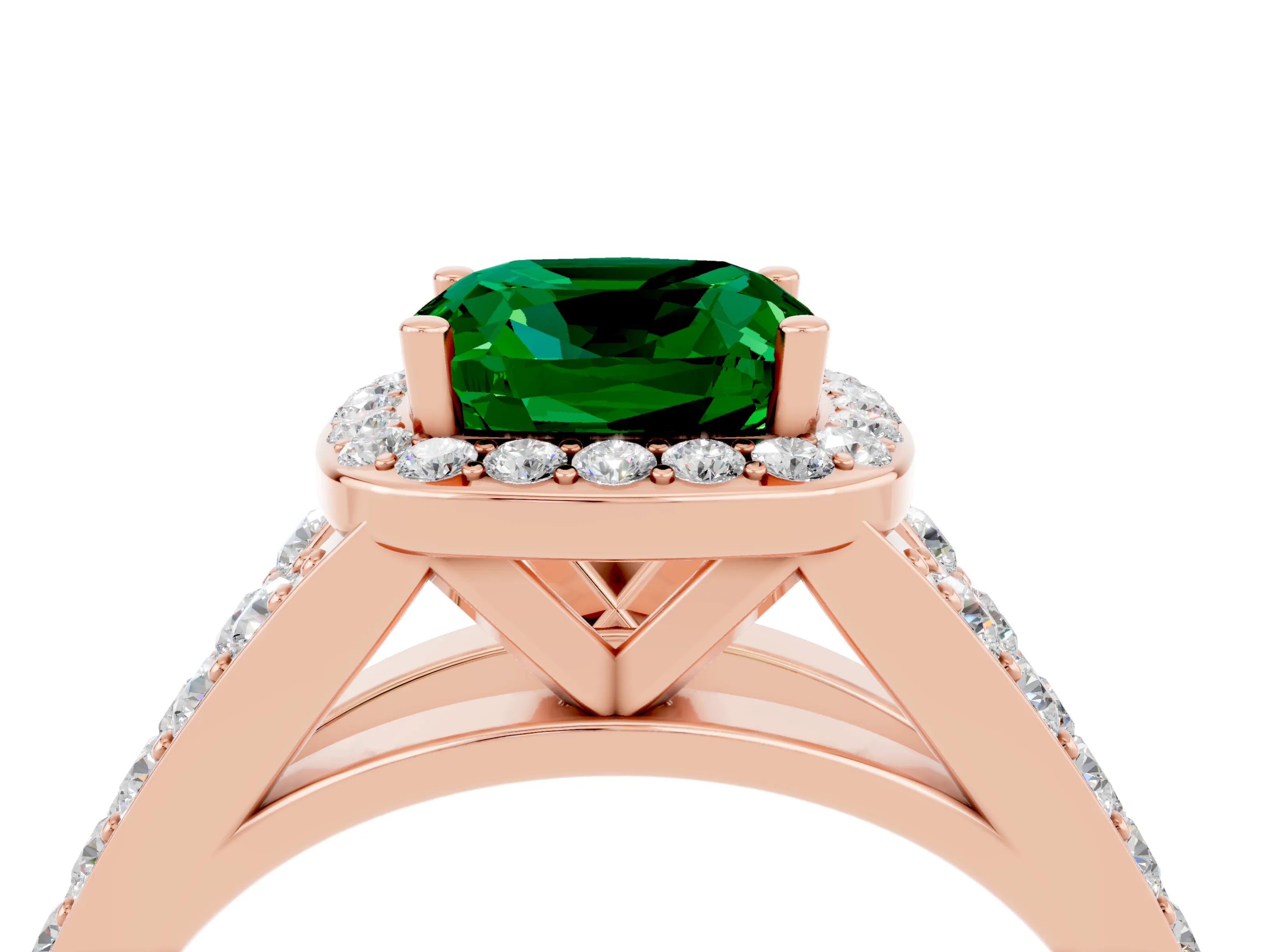 Rose gold Cushion Cut Emerald Split Shank Halo Ring with Four-Prong Setting_16